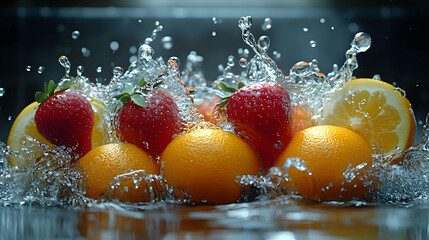 Water Splashing on Oranges and Strawberries - Photography