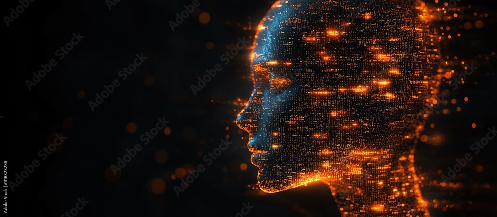 Poster silhouette of human head made of illuminated binary code, artificial intelligence concept, with copy