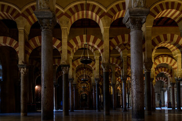 Part of Mosque with naves perpendicular to the qibla wall  arranged into a system of superimposed arches. Mosque-Cathedral of Cordoba.