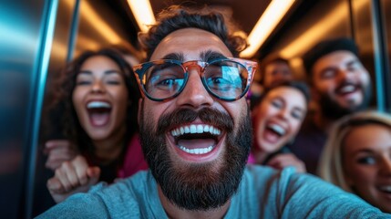 A lively group gathers together for a cheerful selfie, exuding joy and camaraderie in a confined elevator space, illustrating friendship and shared experiences.