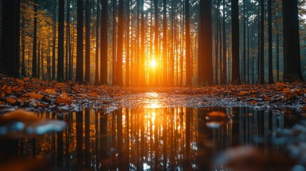 Obraz premium Golden sunlight streams through autumn forest, reflected in a puddle.