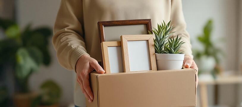 Home Relocation Concept with Cardboard Box Containing Frames and Plant