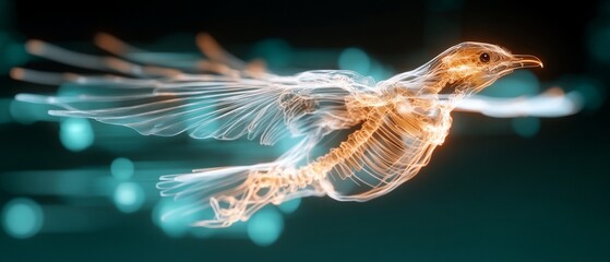 Obraz premium Skeletal bird in flight, glowing, teal background.