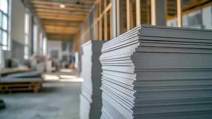 Obraz premium Drywall sheets stacked at a construction site ready for installation in a new building project