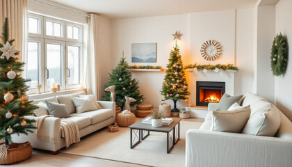 Fototapeta premium Spacious living room featuring a festive Christmas tree, glowing fireplace, and a warm holiday atmosphere.