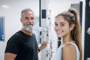 Obraz premium Smiling man and woman in a clinical setting, possibly a medical exam.