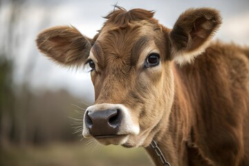 Close-up portrait of a brown Jersey cow in a field, showcasing its gentle expression and the beauty of farm animals.
