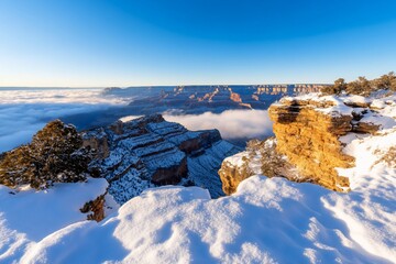 Snow-covered Grand Canyon landscape under a clear blue sky.
