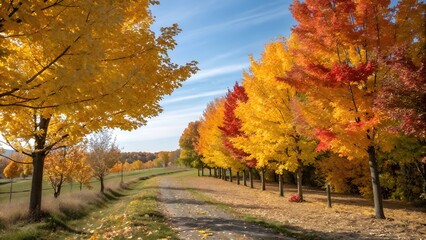 Naklejka premium Vibrant autumn trees lining a path, displaying a breathtaking spectacle of fall colors under a bright blue sky.