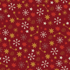 Christmas seamless pattern with stars and snowflakes on dark red background. Perfect for wallpaper, gift paper, winter greeting cards. Vector illustration