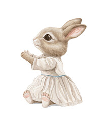 Watercolor vintage sitting cute bunny rabbit girl in dress, little baby hare isolated on white background. Hand drawn illustration sketch