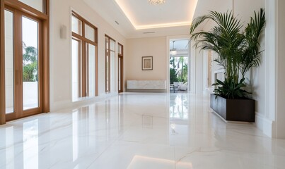 Fototapeta premium Spacious modern hallway with elegant marble flooring and greenery.