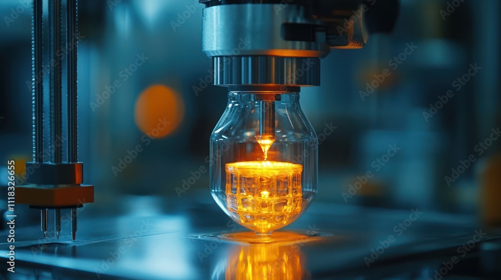 Poster automated assembly line manufacturing process of a lightbulb.