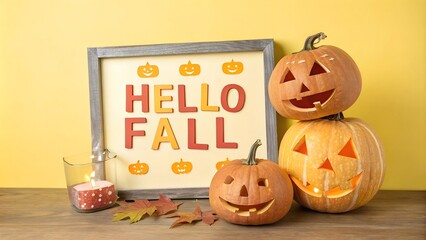 "Hello Fall" sign with carved pumpkins, candle, and autumn leaves, creating a warm and inviting autumnal decoration for the fall season.