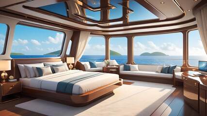 Fototapeta premium bedroom on luxury yacht with ocean views