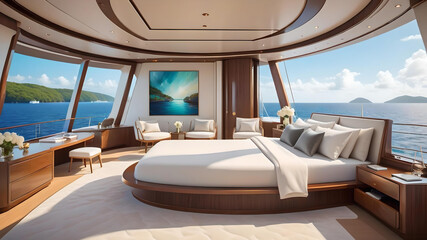 bedroom on luxury yacht with ocean views