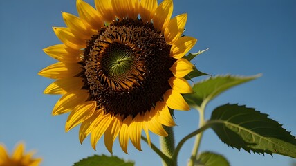 Naklejka premium Close-up of a vibrant sunflower with a clear blue sky in the background