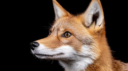 Fototapeta premium Intriguing Gaze: A captivating portrait of a wild coyote, its piercing gaze and intricate fur details create a sense of mystery and allure against a stark black background. 