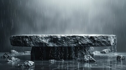 Fototapeta premium Dark stone platform in rain, wet surface, empty space.