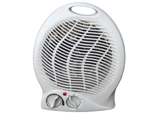 Fan heater isolated on a white background. Portable two settings white office fan heater with adjustable thermostat. Maintaining and regulating the pleasant microclimate of small rooms 