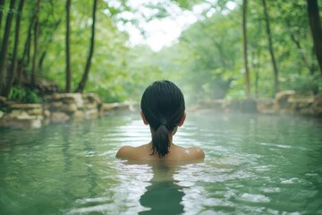 Fototapeta premium Natural Bathing Forest Concept, A secluded forest creek with herbalinfused water, individuals engaging in a meditative natural bathing experience for relaxation and healing