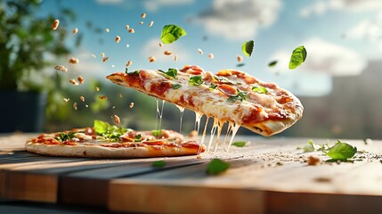Artistic pizza slice in motion with toppings suspended