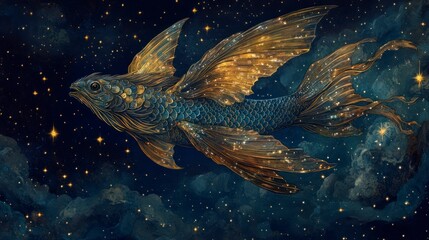 A Detailed Illustration of a Fantastical Creature Swimming Through the Cosmic Universe, Capturing the Beauty of a Mystical Fish with Ethereal Wings and a Brilliance of Stars