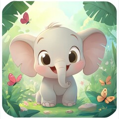 Cute Cartoon Baby Elephant in Jungle with Butterflies