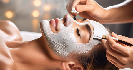 beautician applying white clay mask to face of beautiful young woman in beauty salon