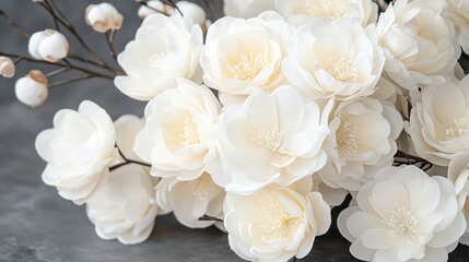  A cluster of white flowers resting atop a gray countertop alongside a vase adorned with white blossoms