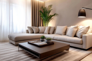 Cozy modern living room with large sectional sofa, plants, and minimalist decor in natural light