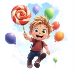 Happy Boy with Lollipop and Balloons Flying in the Sky