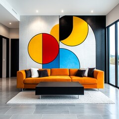 Modern Living Room Interior Design with Geometric Wall Art and Orange Sofa