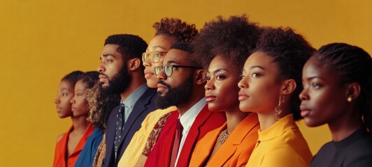 A Diverse Group of Young Adults,  Unified and Confident,  Standing in Profile Against a Vibrant Yellow Background