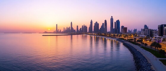 Fototapeta premium Sunset over a modern city skyline reflecting on calm waters.