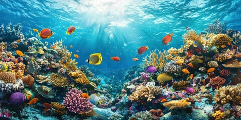 Fototapeta premium A captivating underwater scene featuring colorful fish swimming among coral reefs, showcasing marine life.
