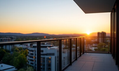 Sunset view from a balcony overlooking a city landscape.