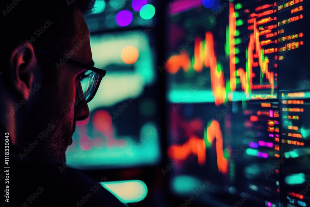 Poster focused individual analyzing colorful financial data on modern display screens in a dimly lit enviro