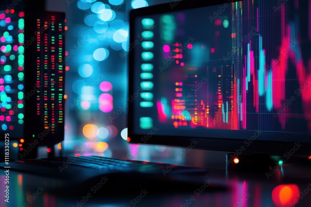 Poster vibrant digital trading screen with colorful financial graphs and glowing data charts reflecting a d