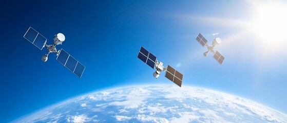Obraz premium Three satellites orbiting Earth in space.