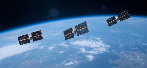 Three satellites orbiting Earth, showcasing space technology.