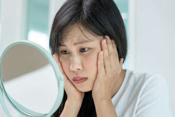 Woman worried about face Dermatology, rosacea dermatitis, allergic steroids, sensitive skin, red...