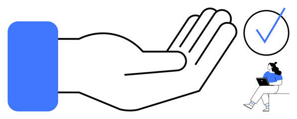 Open hand with blue sleeve symbolizes help or offering, with check mark and seated woman on laptop suggesting approval and productivity. Ideal for business, support, success, technology, teamwork