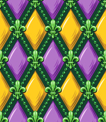 Geometric Mardi Gras pattern with green Fleur de lis symbol, strings of beads. Diagonal classic rhombus grid. Harlequin volumetric ornament. Vintage style. © OA_Creation