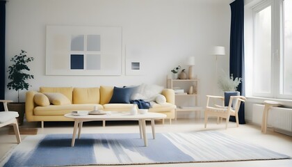 Light blue and soft yellow modern living room interior with many green potted plants