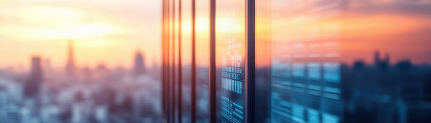 Fototapeta premium A modern skyscraper reflecting the vibrant colors of sunset over a bustling city skyline, showcasing urban architecture and design.