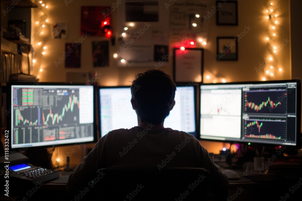 Poster focused trader analyzing market trends with multiple monitors in a cozy home office surrounded by so