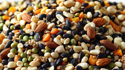 colorful mix of various seeds and nuts, showcasing textures and colors. This vibrant assortment includes almonds, seeds, and dried fruits, perfect for healthy snacking