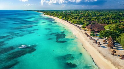 Fototapeta premium Aerial View of Pristine Beach with Turquoise Waters and White Sand