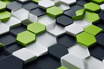 Abstract 3D rendering of a hexagonal pattern in black, white, and green.